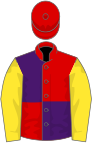 Red and purple (quartered), yellow sleeves, red cap