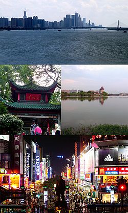 Changsha, clockwise from top: Skyline of Changsha, Yuehu Park, Huangxing South Pedestrian Street, Aiwan Pavilion