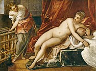 丁托列托的《列达与天鹅（意大利语：Leda e il cigno (Tintoretto)）》，162 × 218 cm，约绘于1560年，1893年始藏[74]