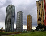 During the mid-20th century, Britain saw the construction of hundreds of tower blocks—particularly in largest cities—to replace Victorian era slums. This image shows Red Road in Glasgow.