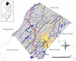 Location of Sparta in Sussex County highlighted in yellow (right). Inset map: Location of Sussex County in New Jersey highlighted in black (left).