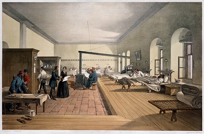 图为《土耳其斯库塔利医院内的一个病房》（1856年克里米亚战争）。