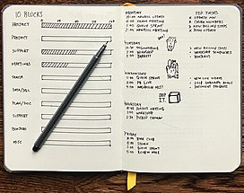 This pair of pages shows printed entries in a Bullet Journal. The left-hand page shows a variety of progress bars indicating the amount of work completed on different tasks. The right-hand page shows typical bullet journal notation using bullet points (•) for incomplete tasks, exes (x) for completed tasks, and right-facing angle brackets (>) for "migrated" tasks moved to this list from another list. The right-hand page also includes a list of appointments for one week, listed by day and time.