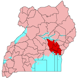 Location of Busoga (red) in Uganda (pink)