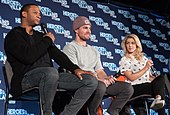 Actors Emily Bett Rickards, Stephen Amell and David Ramsey discussing their characters at Heroes and Villains Fan Fest, San Jose in 2017