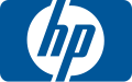 A dark blue rounded rectangle with a hollow circle and the stylized italic letters "hp" on it