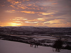 The Hemavan Valley, viewed from the ski resort, just after noon a few days before the winter solstice in December 2007