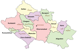Location of Khorramabad County in Lorestan province (center, pink)