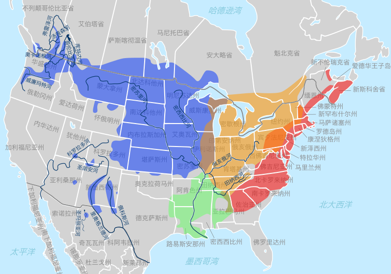 用不同颜色区分的锦龟各亚种在北美洲的具体分布范围地图