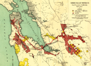 Map showing the San Francisco Bay area. Areas to the south, east and west of the Bay are in red to denote owned locations and red lines show pipelines between areas.