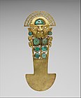 Ceremonial knife (tumi); 10th-13th century; gold, turquoise, greenstone & shell; height: 33 cm (1 ft. 1 in.); Metropolitan Museum of Art