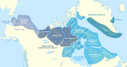 Map of the North American Arctic with coloured zones to indicate the primary Inuit language or dialect spoken within the area