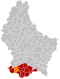 萨内姆在卢森堡地图上的位置，萨内姆为橙色，阿尔泽特河畔埃施县为深红色