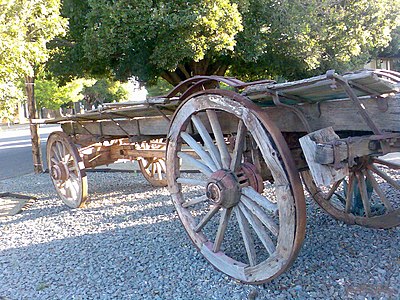 Ox-wagon with four wagon wheels.
