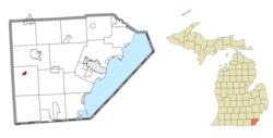 彼得斯堡在门罗县及密歇根州的位置（以红色标示）