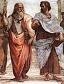 Image 6Plato (left) and Aristotle (right), a detail of The School of Athens, a fresco by Raphael. Aristotle gestures to the earth, representing his belief in knowledge through empirical observation and experience, while holding a copy of his Nicomachean Ethics in his hand, whilst Plato gestures to the heavens, representing his belief in The Forms.
