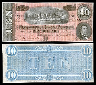 $10 (T68) Horses pulling cannon, Robert M.T. Hunter Keatinge & Ball (Columbia, S.C.) (~9,071,000 issued)