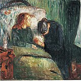 Edvard Munch, The Sick Child, 1907. 4th in the series.[7] Oil on canvas, 137 cm (54 in) × 139 cm (55 in). Tate, London.