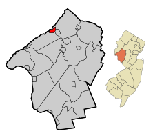 Location of Hampton in Hunterdon County highlighted in red (left). Inset map: Location of Hunterdon County in New Jersey highlighted in orange (right).