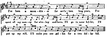 The picture shows three lines of music and lyrics to the song known as "The Moonshiner".