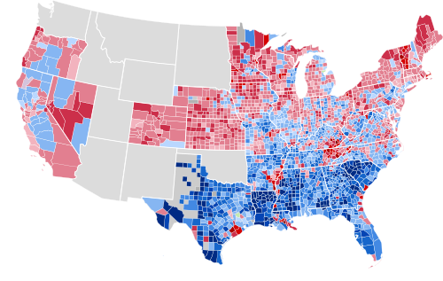 Results by county, shaded according to winning candidate's percentage of the vote