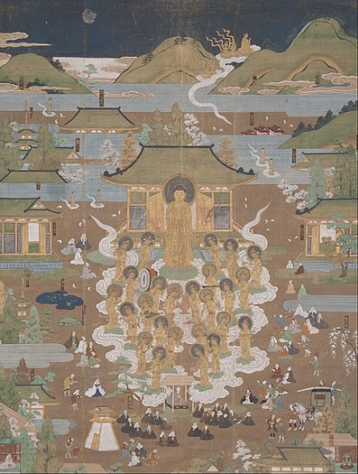 Amitābha welcomes Chūjō-hime to the Western Paradise. Japan, 16th century.[7]
