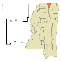 希科里弗拉特在本頓縣及密西西比州的位置（以紅色標示）