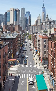 Downtown view of 123 Madison Street from Manhattan Bridge walkway.