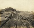 Galveston Electric Co. tracks adjacent to Hotel Galvez (in background) after the 1915 Galveston Hurricane
