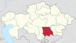 Map of Kazakhstan, location of Jambyl Province highlighted