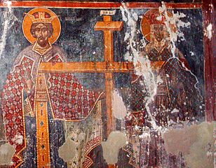 The Roman Emperor Constantine I with his mother Helena of Constantinople, who found the holy cross in Jerusalem. Icon painted by Nikolla, son of Onufri, in the St. Mary of Blachernae Church, Berat (Albania), second half of 16th century.