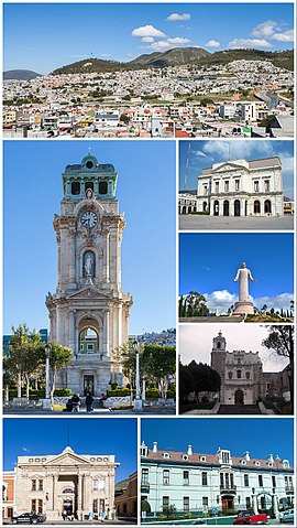 Left:Panorama view of Pachuca, including Lobo Hills, Los Chavez, from Cubitos Ecological Park, Pachuca Monument Clock Tower, Pachuca Bancomer heritage building, Right:Medina Hidalgo Bartolomé Teather (Teatro Hidalgo Bartolomé de Medina), Christ King of achuca (Cristo Ray de Pachuca), Pachuca Saint Francis of Assisi Monastery, Pachuca Municipal Palace (Palacio Municipal de Pachuca)