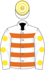White and orange hoops, white sleeves, yellow spots, white and yellow hooped cap