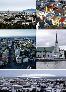 左上：夏季在珍珠楼（英语：Perlan）上眺望雷克雅未克老城区和哈尔格林姆教堂；右上：在哈尔格林姆教堂俯瞰市内的彩色房屋；左中：在哈尔格林姆教堂的尖顶上俯瞰市中心；右中：雷克雅未克自由教堂（英语：Fríkirkjan í Reykjavík）；下：冬季在珍珠楼上看到的城市全景