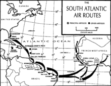 Mapa da rota aérea do Atlântico Sul, passando por dos Estados Unidos para Porto Rico, Trinidad, Guiana, Belém, Natal, a ilha de Ascensão e a Libéria ou Gana