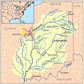 The water basin of the Wabash River; the other rivers (not including the Ohio River) are tributaries of the Wabash River. The Vermillion River (and its forks) is a highlighted example of a tributary of the Wabash River. The Wabash River is also a tributary of the Ohio River.