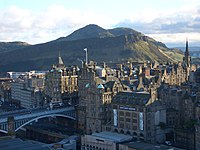 Edinburgh's Old Town, viewed from the Scott Monument. North Bridge and Arthur's Seat are visible in the background.