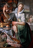 A Kitchenmaid, in the background Jesus in the house of Mary and Martha, 1620–25. Close to works by Pieter Aertsen, 103 x 72 cm