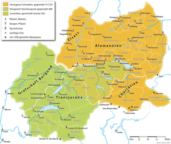 显示上勃艮第（绿色）与施瓦本公国（橙色）的地图