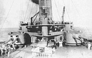 A stern view of the twin Pattern 1905 turrets aboard the Russian battleship Andrei Pervozvannyy.