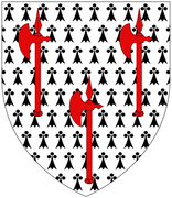 Arms of Denys: Ermine, three battle-axes gules