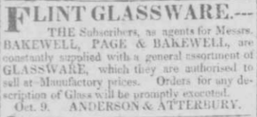 newspaper advertisement in a Wheeling newspaper for flint glassware made by Bakewell, Page and Bakewell