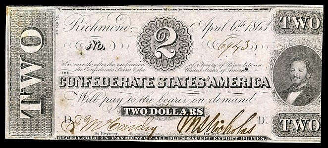 $2 (T61) Judah P. Benjamin Keatinge & Ball (Columbia, S.C.) (689,200 issued)