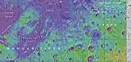 显示了阿耳西诺厄斯混沌（最左侧）、亚尼混沌、欧罗姆混沌、珍珠混沌及其他附近地貌位置的地图。