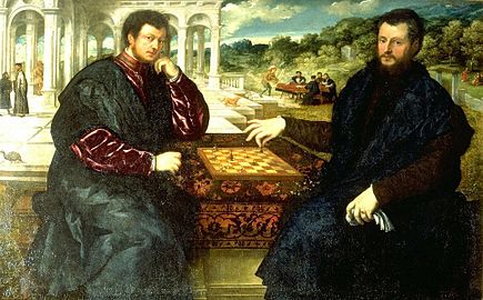 Paris Bordone, c. 1545, Chess players, oil on canvas, Mailand, Wohnhaus