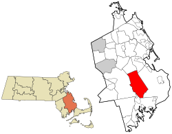 卡弗在普利茅斯县及马萨诸塞州的位置（以红色标示）