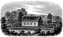 A drawing of a brick, gable roof church with a graveyard to the right and surrounding fencing and trees.