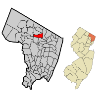 Location of Hillsdale in Bergen County highlighted in red (left). Inset map: Location of Bergen County in New Jersey highlighted in orange (right).