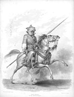 Ceremonial bodyguard of the Sheikh of Bornou in his full regalia, after a drawing by a British visitor in the 1820s. The mounted knight was central to the Bornu state, and many Kanuri people still value horsemanship and horses.