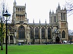 Bristol Cathedral. The stained glass window in question is the large one on the left of the picture